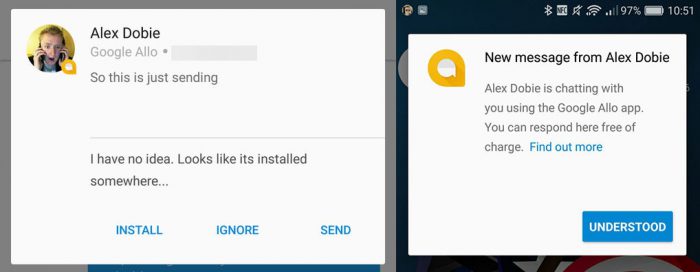 Android Centralin jakama kuva Allo-ilmoituksesta, kun sovellusta ei ole asennettuna.