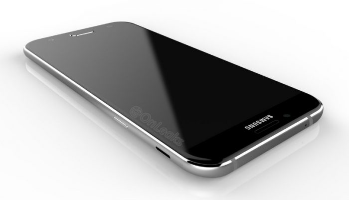 Galaxy A8 (2016) OnLeaksin vuotamassa kuvassa. Kaiutin saattaa sijaita erikoisesti laitteen sivulla.