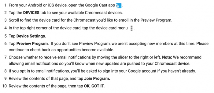Googlen ohjeet Preview Program -ohjelmaan liittymiseksi.