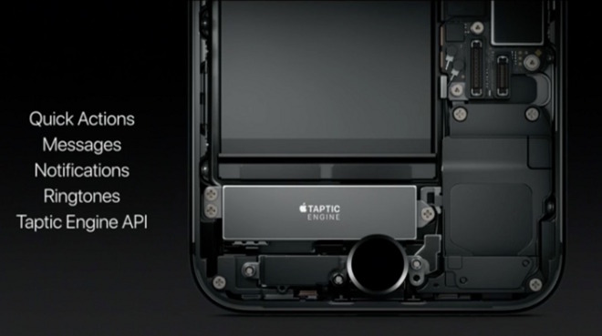 Kuvassa iPhone 7:n läpileikkauksessa Taptic Engine -värinämoottori. Taptic Engine API -rajapinta avaa värinämoottorin myös sovelluskehittäjille.