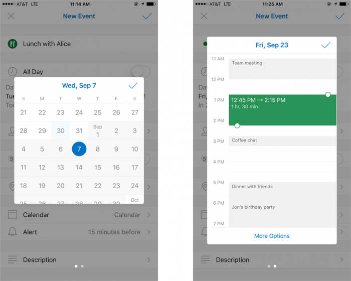 Outlook-kalenterin päivämäärän ja ajan valitsimet uudistuvat päivityksessä.