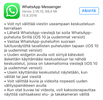 WhatsApp päivittyi iOS 10 -aikaan.