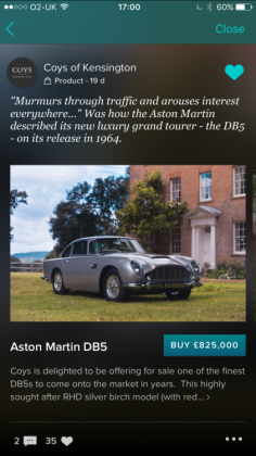 Myydyn Aston Martinin myynti-ilmoitus Vero-sovelluksessa.