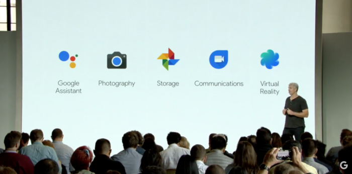 Google korosti Pixel-puhelimistaan erityisesti viittä osa-aluetta: näistä ainoastaan kamera on tiukasti vain laiteominaisuus. Google Assistant, Google Kuvat, Googlen viestintäsovellukset Allo ja Duo sekä Daydream-virtuaalitodellisuus ovat Googlen palvelujen ja sisältöjen ydintä.