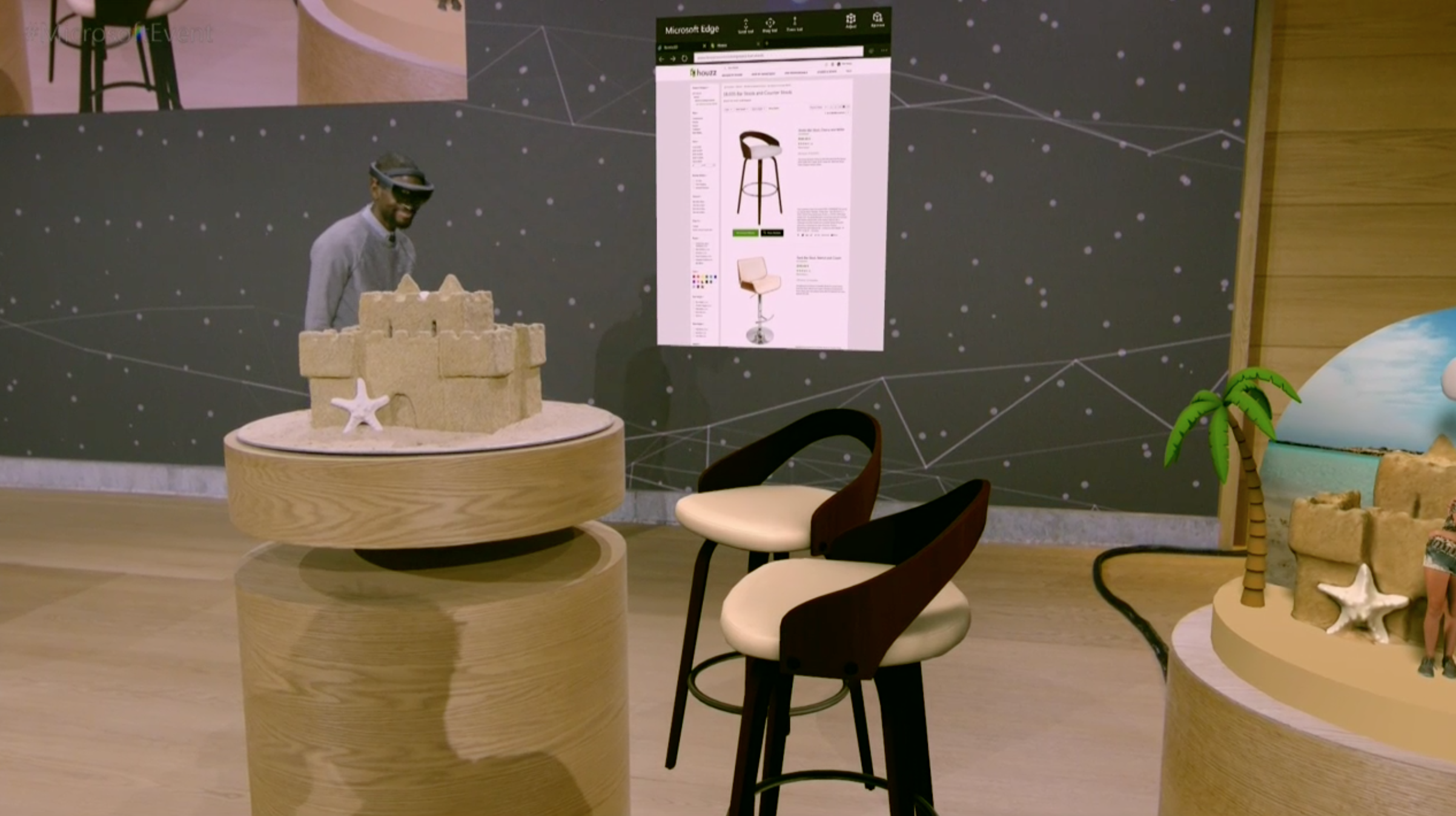 Tuolit ja oikean reunan hiekkalinna ovat virtuaalisia luomuksia todellisessa ympäristössä, kiitos HoloLensin.