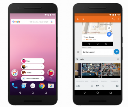 Google esittelee Android 7.1:n mahdollistamia uudistuksia: vasemmalla sovellusoikotiet ja oikealla kuvanäppäimistö.