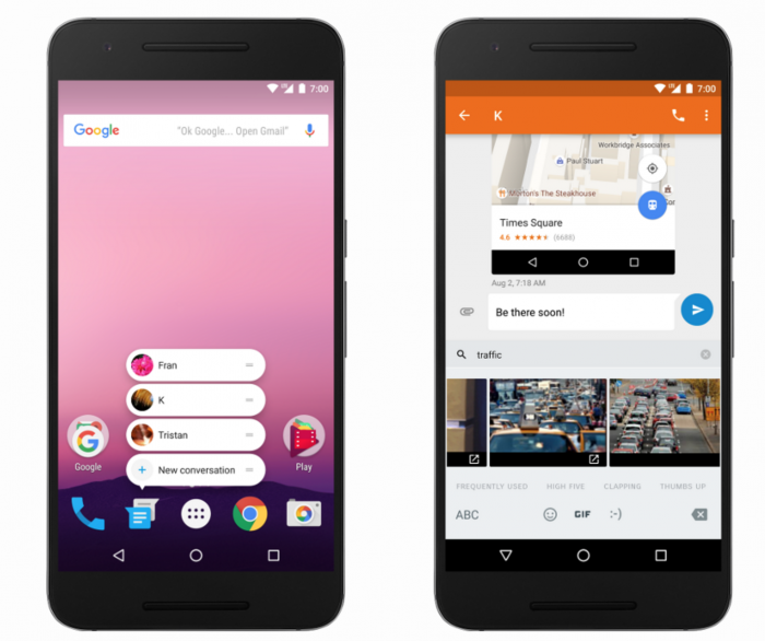 Google esitteli Android 7.1:n mahdollistamia uudistuksia: vasemmalla sovellusoikotiet ja oikealla kuvanäppäimistö.