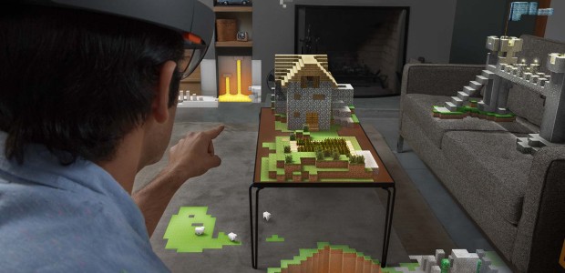 HoloLensin läpi Minecraft voi tulla osaksi todellista maailmaa - esimerkiksi tässä pöydän ja sohvan päälle koottuna.
