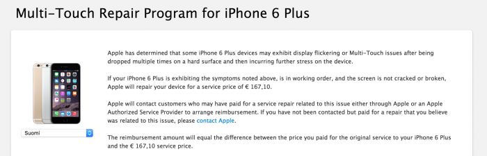 Apple kertoo uudesta iPhone 6 Plus -korjausohjelmasta.