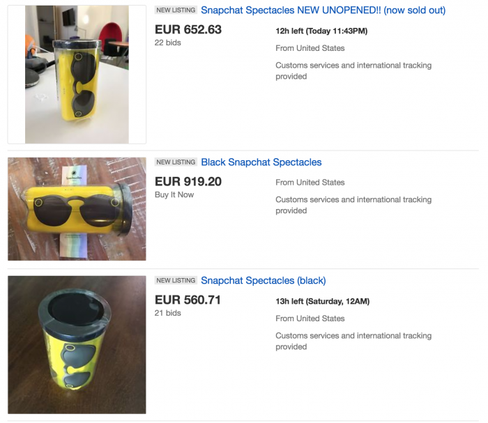 Snapin Spectacles-lasien hinnat eBayssa ovat nousseet korkealle.