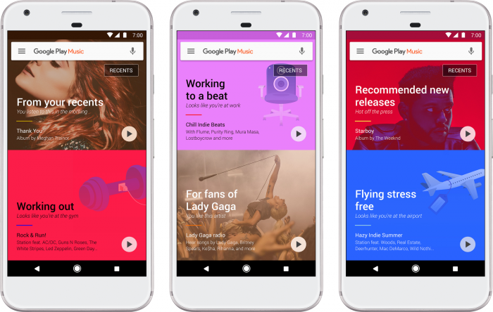 Google Play Musiikki -sovelluksen uusi kotinäkymä.