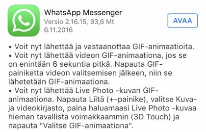 WhatsApp päivittyi iOSilla GIF-animaatioilla.