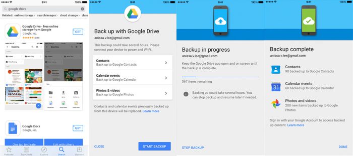 Näin Google Drivella saa iPhonen tiedot kopioitua Googlen pilvipalveluun.