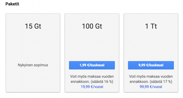 Google Driven tarjoamat hinnat eri paketeille.
