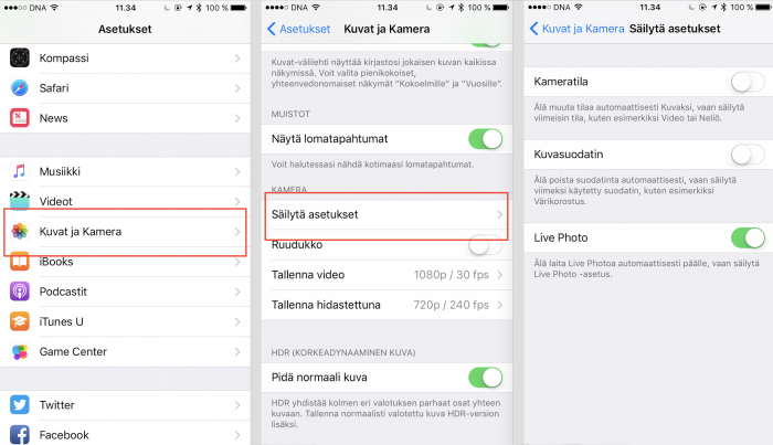 iOS 10.2:n asetuksista voi valita haluavansa säilyttää Kameran asetukset.