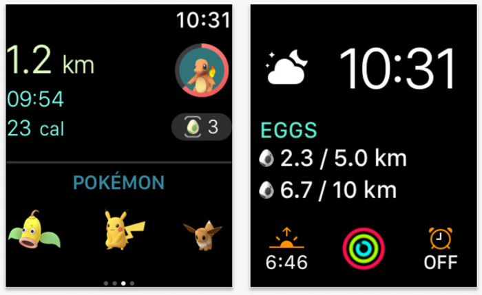 Pokémon GOn Apple Watch -sovelluksen päänäkymä ja tiedot munista Apple Watchin kellotauluun lisättynä komplikaationa.