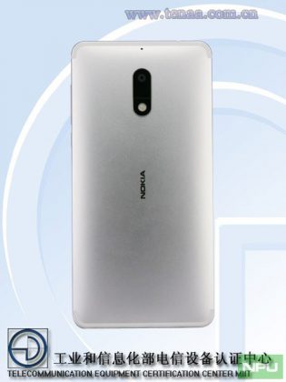 Hopeinen Nokia 6 kiinalaisviranomaisen TENAAn kuvassa.