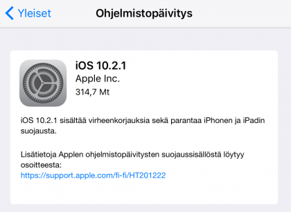 Näin Apple kertoi aikanaan iOS 10.2.1 -päivityksestä. Linkitetyissä suojaussisällön tiedoissakaan ei kerrota mitään päivityksen vaikutuksesta suorituskykyyn tai viitata akkuun.