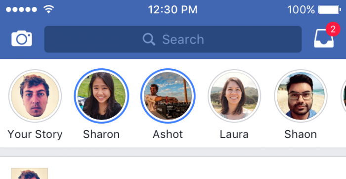 Facebook Stories -julkaisuja tehneet kaverit näkyvät kotinäkymän ylälaidassa.