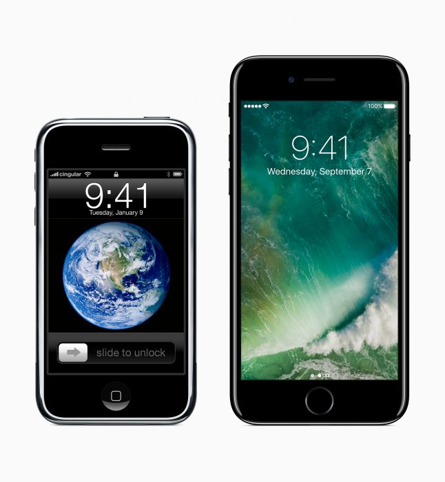 Ensimmäinen iPhone ja uusin iPhone 7.