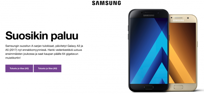 Esimerkiksi Sonera kertoo Samsungin uusista Galaxy A -sarjan puhelimista näin heti etusivullaan.
