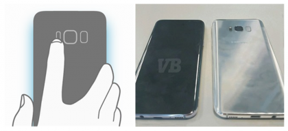 Sormenjälkitunnistin on Galaxy S8:ssa takana. Vasemmalla kuvassa käytetään myös takaa edelleen löytyvää sykemittaria.