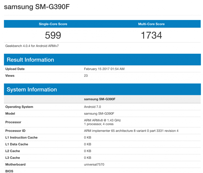 Samsung SM-G390F GeekBenchissä.