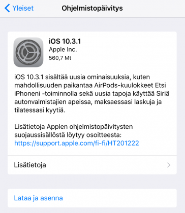 iOS 10.3.1 tuo vain korjauksia. Aiempi iOS 10.3 toi myös uusia ominaisuuksia.