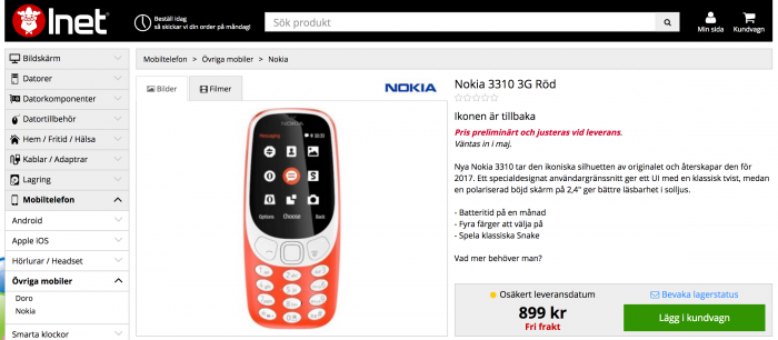 Nokia 3310 3G:llä ruotsalaisessa Inet-verkkokaupassa.