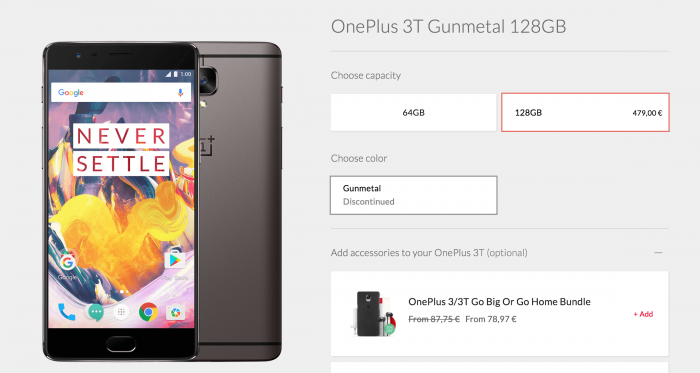 128 gigatavun OnePlus 3T on jo myyty loppuun OnePlussan omasta verkkokaupasta.