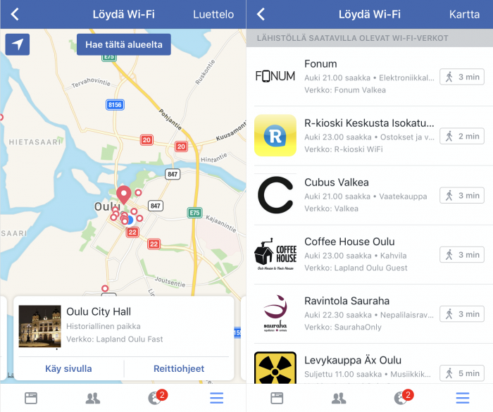 Facebook auttaa nyt löytymään Wi-Fi-verkkoja lähialueelta. Kuvassa Oulun keskustan tilanne.