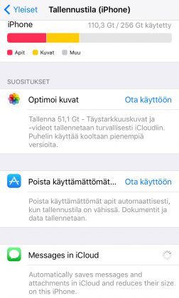 iOS 11 tekee ehdotuksia tallennustilan vapauttamiseksi asetuksissa.