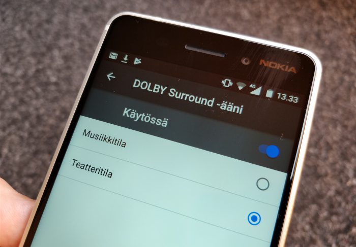 Nokia 6:ssa on Dolby Atmos -tilaäänituki. Asetuksista voi valita käyttötilan.