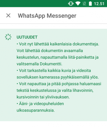 WhatsAppin Android-sovelluksen tuoreimman päivityksen uudistuksia.