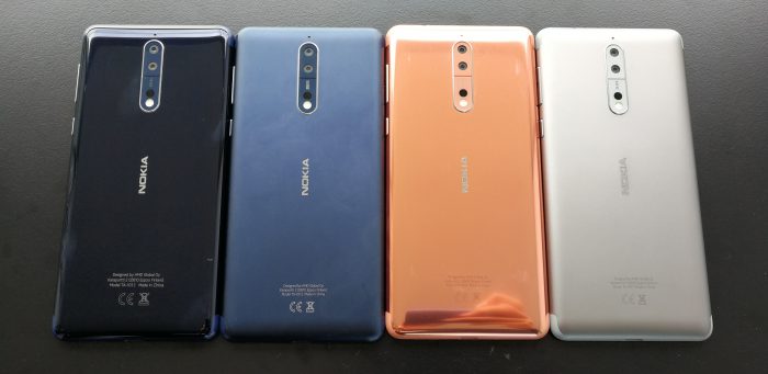 Nokia 8:n värivaihtoehdot. Kaksi kiiltävää ja kaksi mattapintaista.