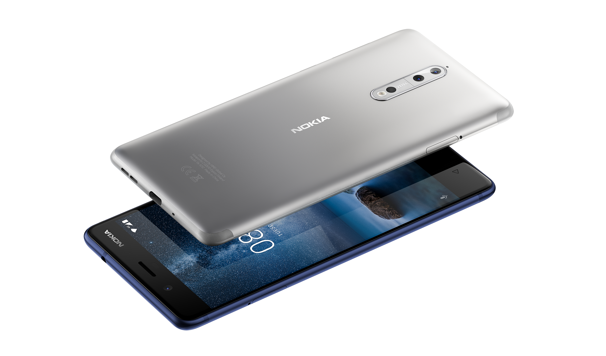 Nokia 8:n värivaihtoehdot teräs ja karkaistu sininen.