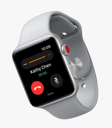 Apple Watch Series 3:n mobiiliyhteysversio GPS + Cellular eroaa normaalista ulkoisesti käytännössä vain punaisella kruunupainikkeen päällä.