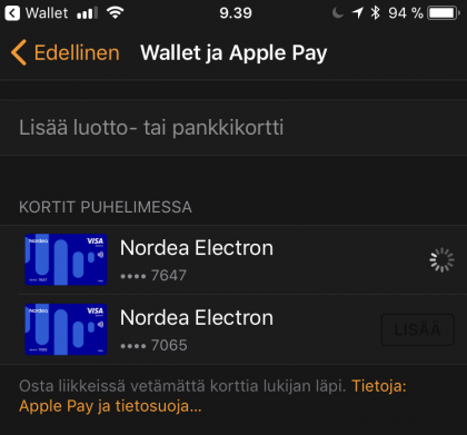 Apple Watchiin Apple Pay -kortit lisätään Wallet ja Apple Pay -osiosta.