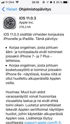 iOS 11.0.3 tuo korjauksia muun muassa iPhone 7 -puhelinten ääni- ja värinäongelmiin.