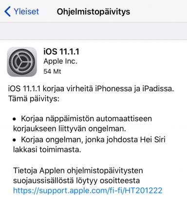 iOS 11.1.1 -päivitys on pienikokoinen korjauspäivitys.