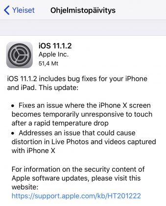 iOS 11.1.2 -päivitys tuo korjauksen kahteen iPhone X - ongelmaan.