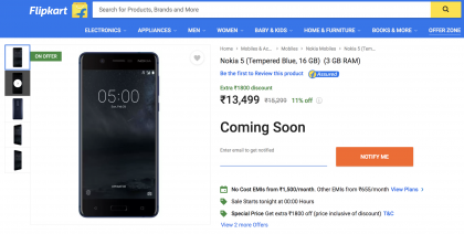 Nokia 5:n uusi versio Flipkartissa.