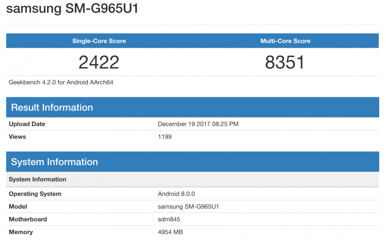 Galaxy S9+ GeekBenchissä Snapdragon 845:llä.