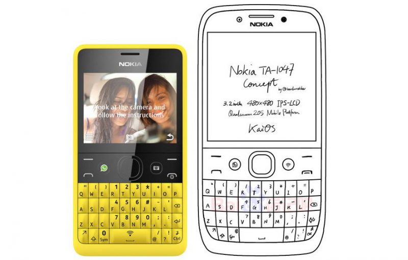 Kiinassa luotu konseptikuva mahdollisesta täysnäppäimistöllisestä Nokia-puhelinuutuudesta. Rinnalla keltainen Asha 210 -malli muutaman vuoden takaa.