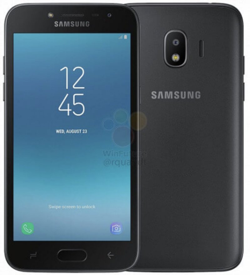 Samsung Galaxy J2 (2018) mustana WinFuture.den vuotamassa virallisessa kuvassa.