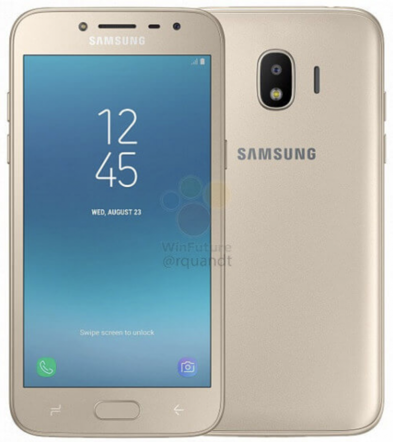 Samsung Galaxy J2 (2018) kultaisena WinFuture.den vuotamassa virallisessa kuvassa.