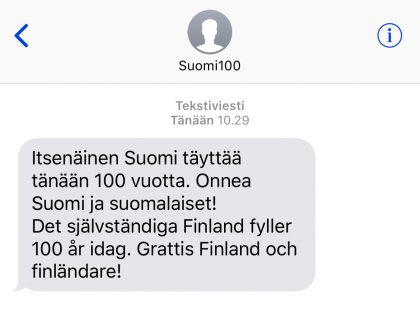 Tällainen Suomi 100 -onnitteluviesti oli.