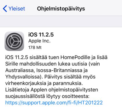 iOS 11.2.5 -päivityksen tiedot.