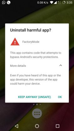 Google Play Protect -suojaus varoittaa OnePlussan testisovelluksesta. Kuva: G_Lokesh_Yeole_pXPG.