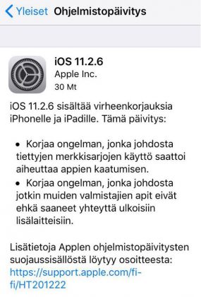 iOS 11.2.6 -päivityksen tiedot.